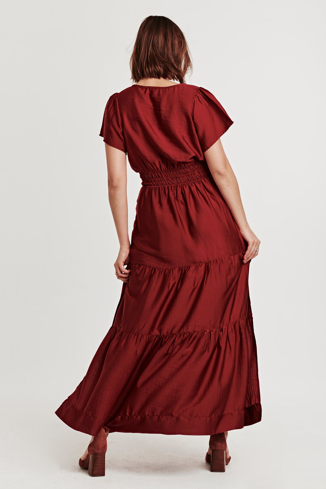 image of a female model wearing a REESE FRONT PLACKET DRESS DARK CHERRY DEAR JOHN DENIM 