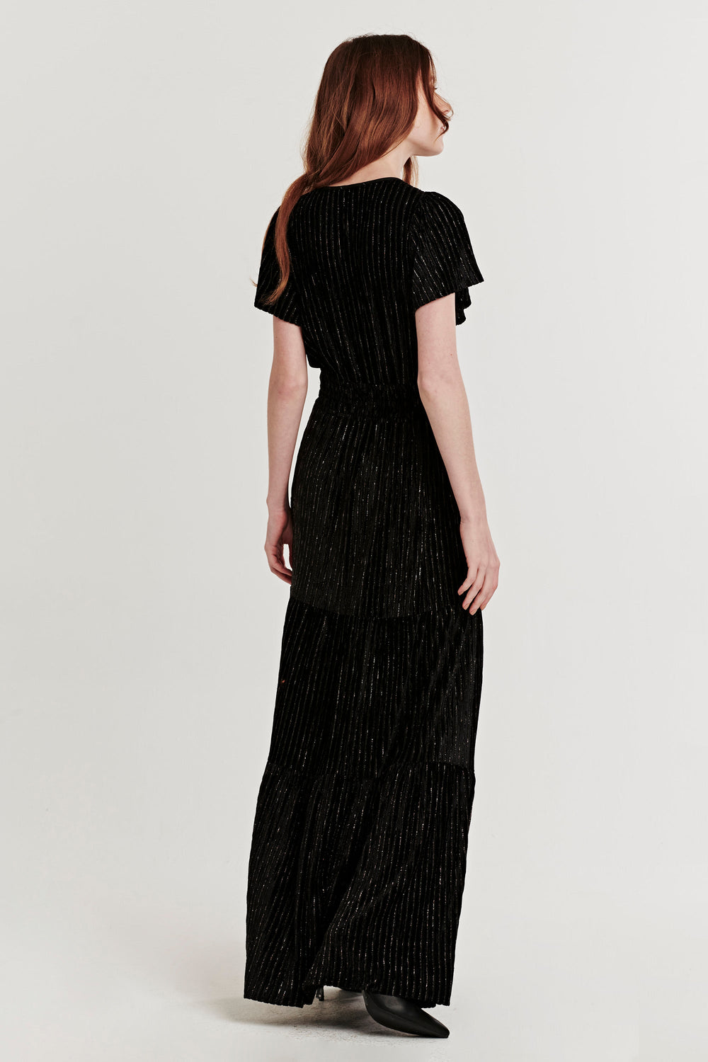 image of a female model wearing a REESE FRONT PLACKET DRESS BLACK LUREX DEAR JOHN DENIM 