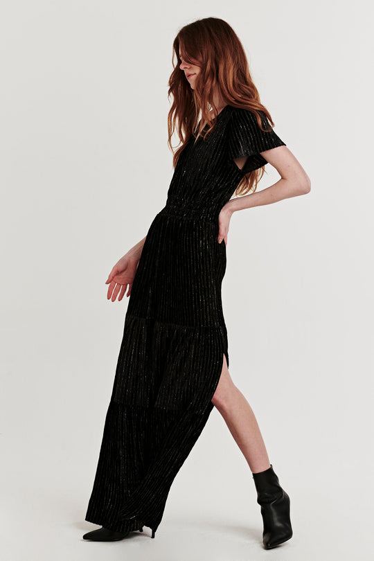 image of a female model wearing a REESE FRONT PLACKET DRESS BLACK LUREX DEAR JOHN DENIM 