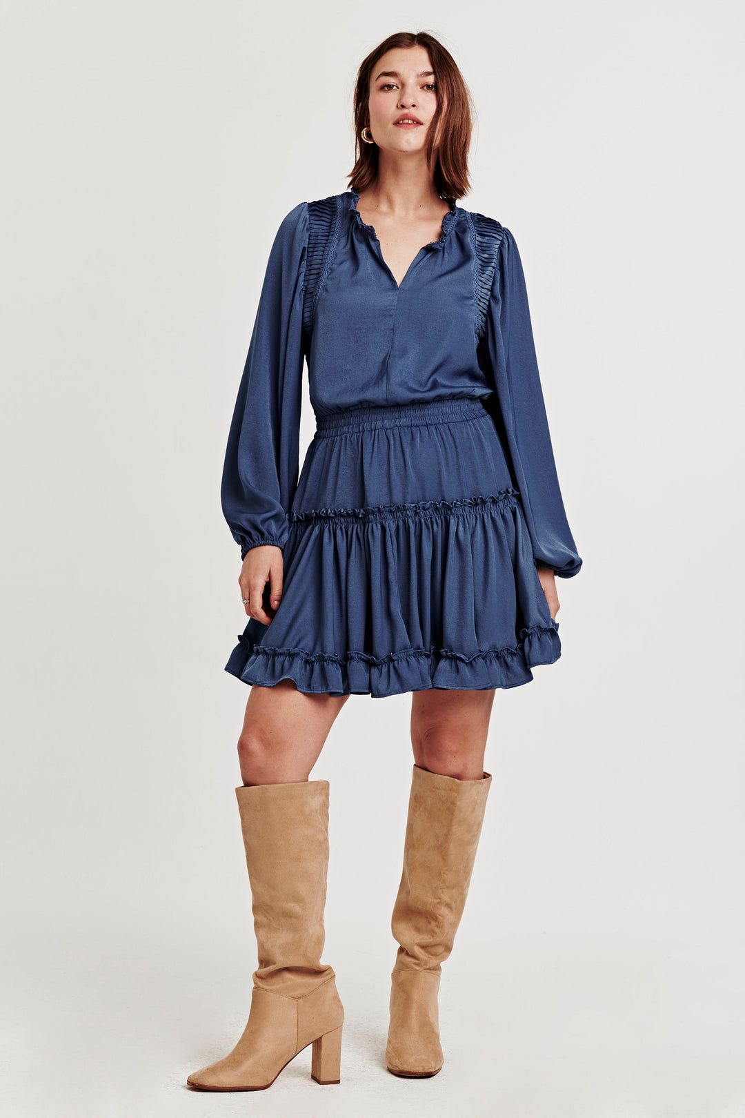 image of a female model wearing a JAZMINE PLEATED MIDI DRESS BLUE EYES DRESSES