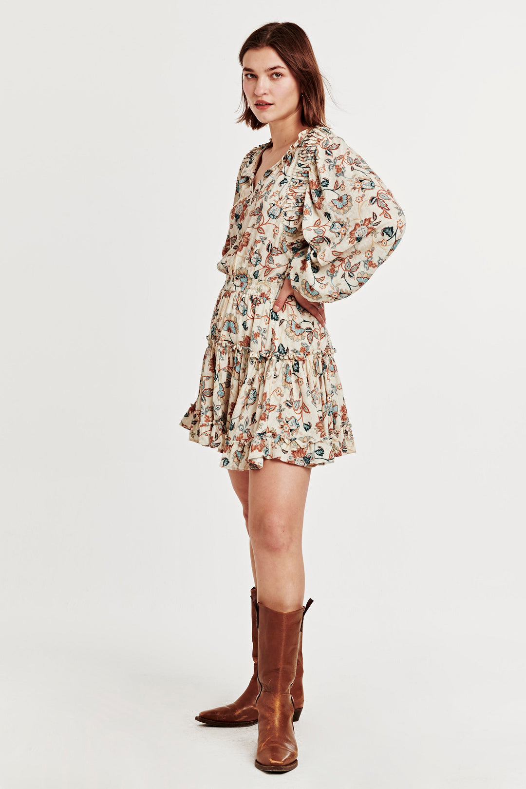 image of a female model wearing a JAZMINE PLEATED MIDI DRESS NEUTRAL BLOOM DRESSES