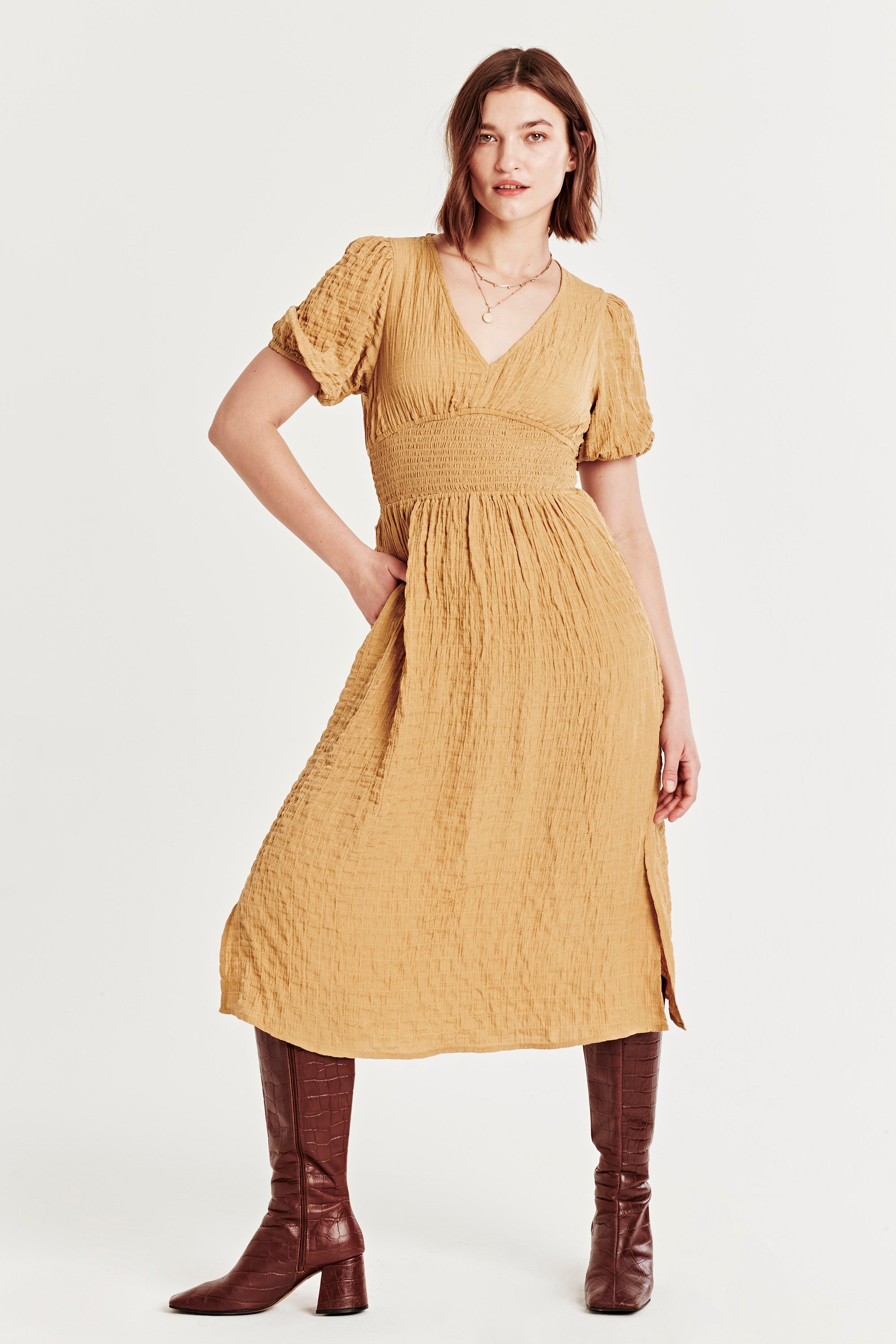 JENNIFER SMOCKED WAIST DRESS HONEY