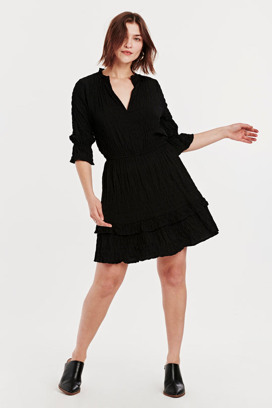 image of a female model wearing a JULIET RUFFLE MIDI DRESS BLACK DRESSES