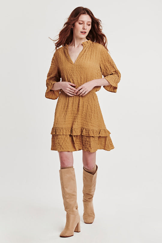 image of a female model wearing a JULIET RUFFLE MIDI DRESS HONEY DRESSES