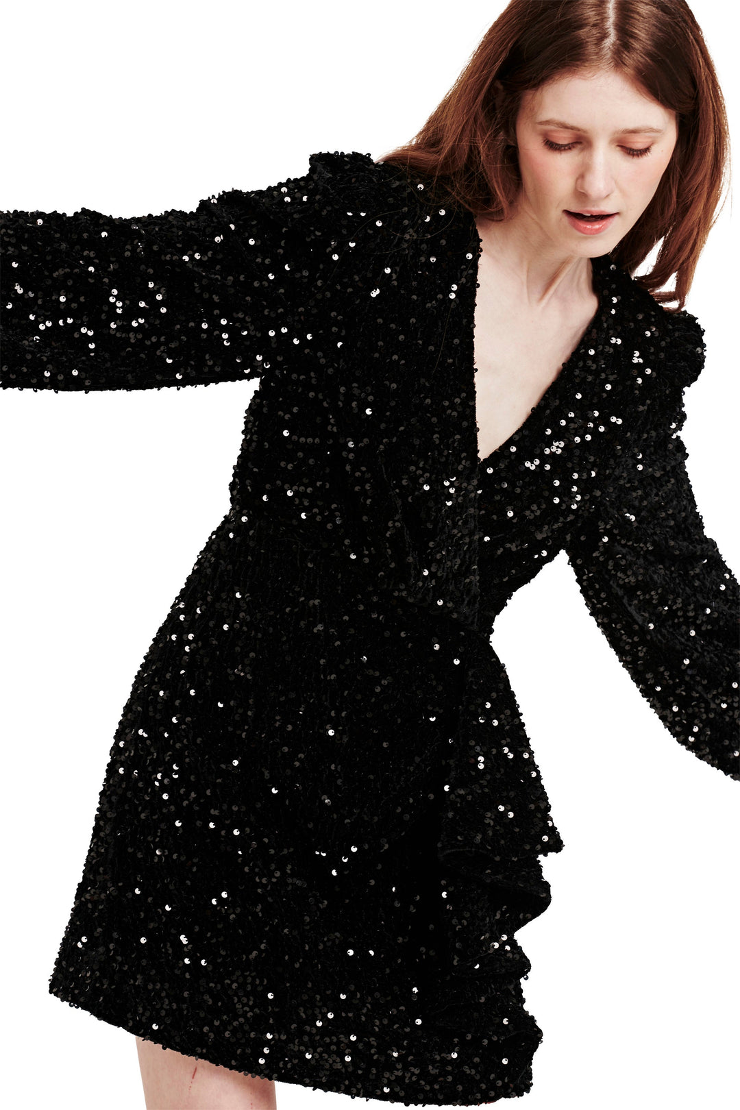 image of a female model wearing a MINA FRONT WRAP DRESS BLACK SEQUIN DEAR JOHN DENIM 