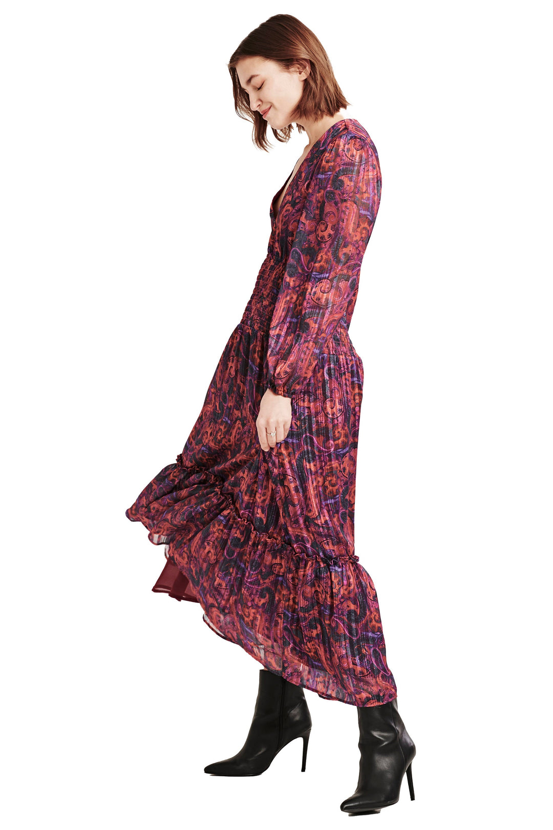 image of a female model wearing a AMELLIA DEEP V DRESS PLUM PAISLEY DEAR JOHN DENIM 