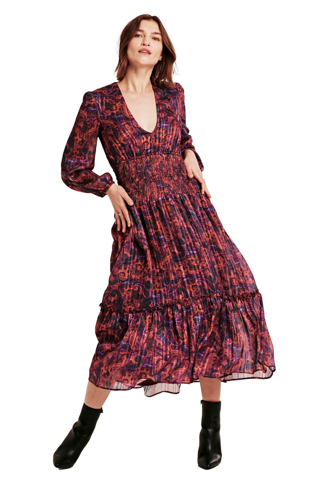 image of a female model wearing a AMELLIA DEEP V DRESS PLUM PAISLEY DEAR JOHN DENIM 