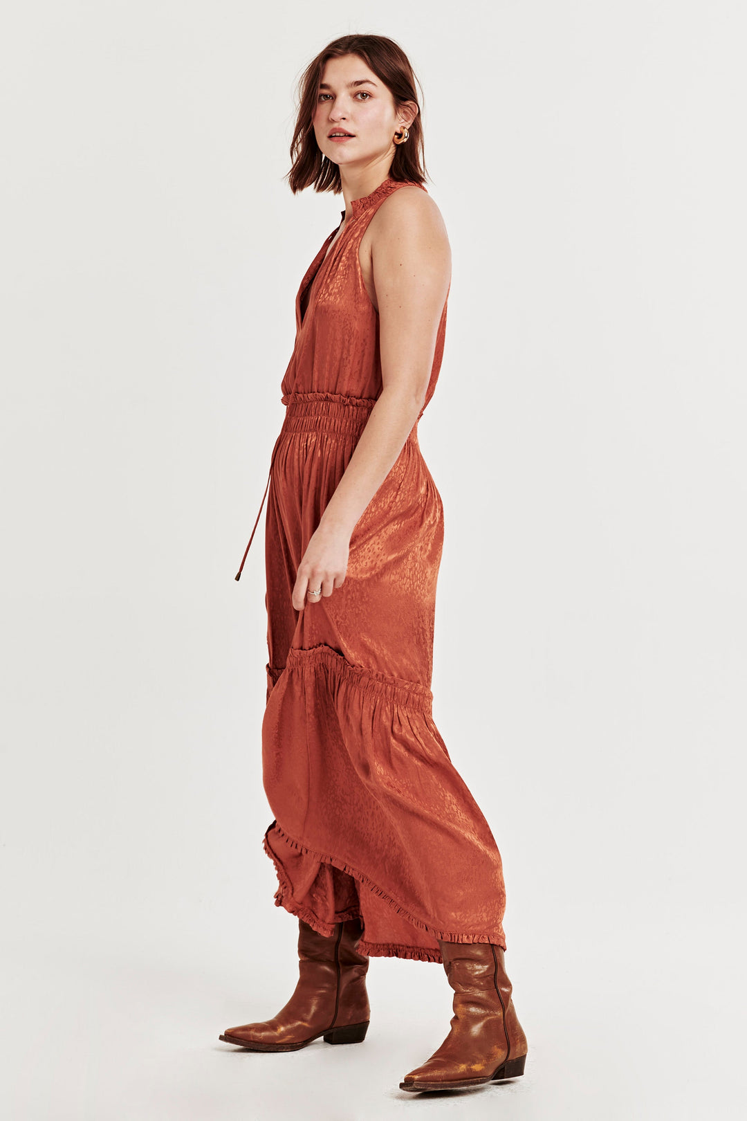 image of a female model wearing a ESTHER HALTER TANK DRESS ORANGE WOOD DEAR JOHN DENIM 