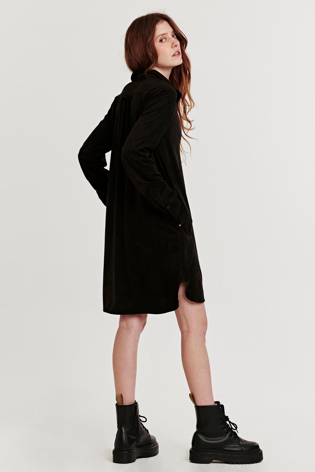 image of a female model wearing a EMILY BUTTON FRONT DRESS BLACK SUEDE DEAR JOHN DENIM 