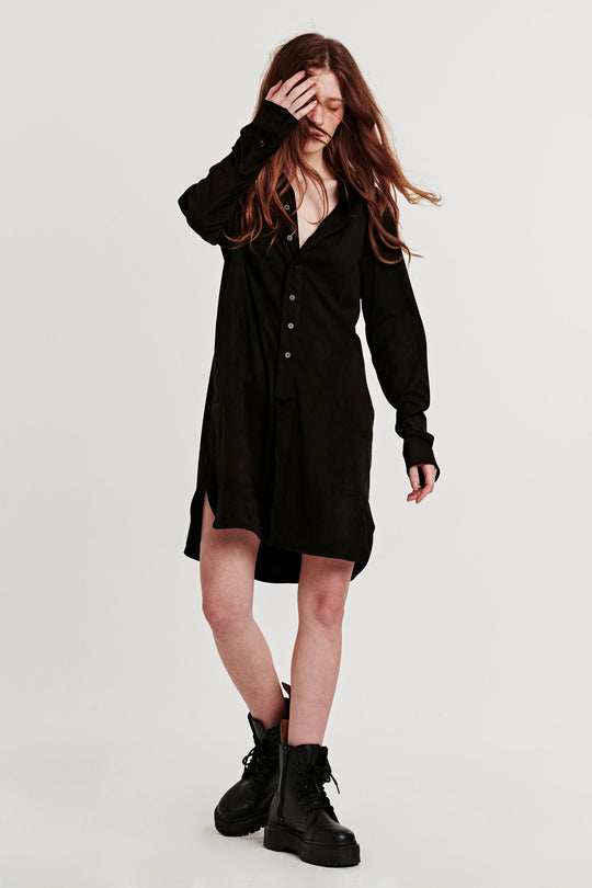 image of a female model wearing a EMILY BUTTON FRONT DRESS BLACK SUEDE DEAR JOHN DENIM 