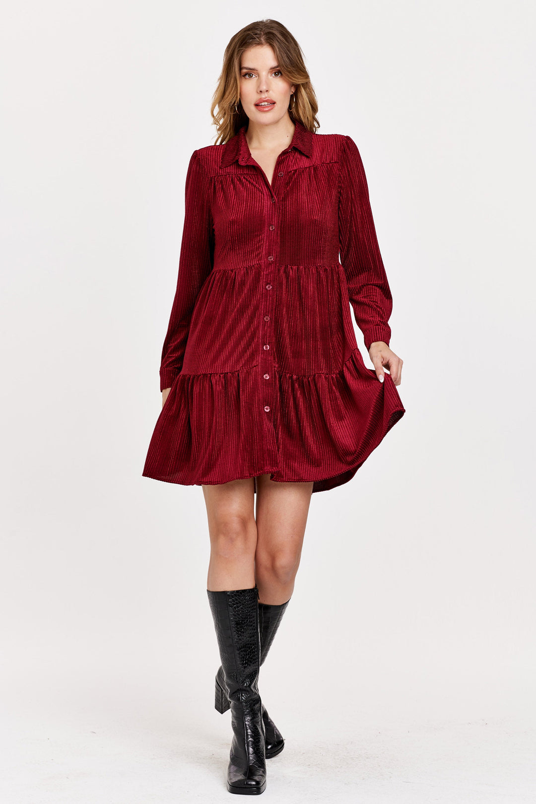 image of a female model wearing a KATIE BUTTON FRONT DRESS RAZZLE RED VELVET DEAR JOHN DENIM 
