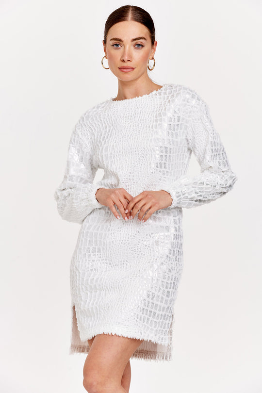 image of a female model wearing a CAROL FOIL DRESS WHITE OPAL VELVET DEAR JOHN DENIM 