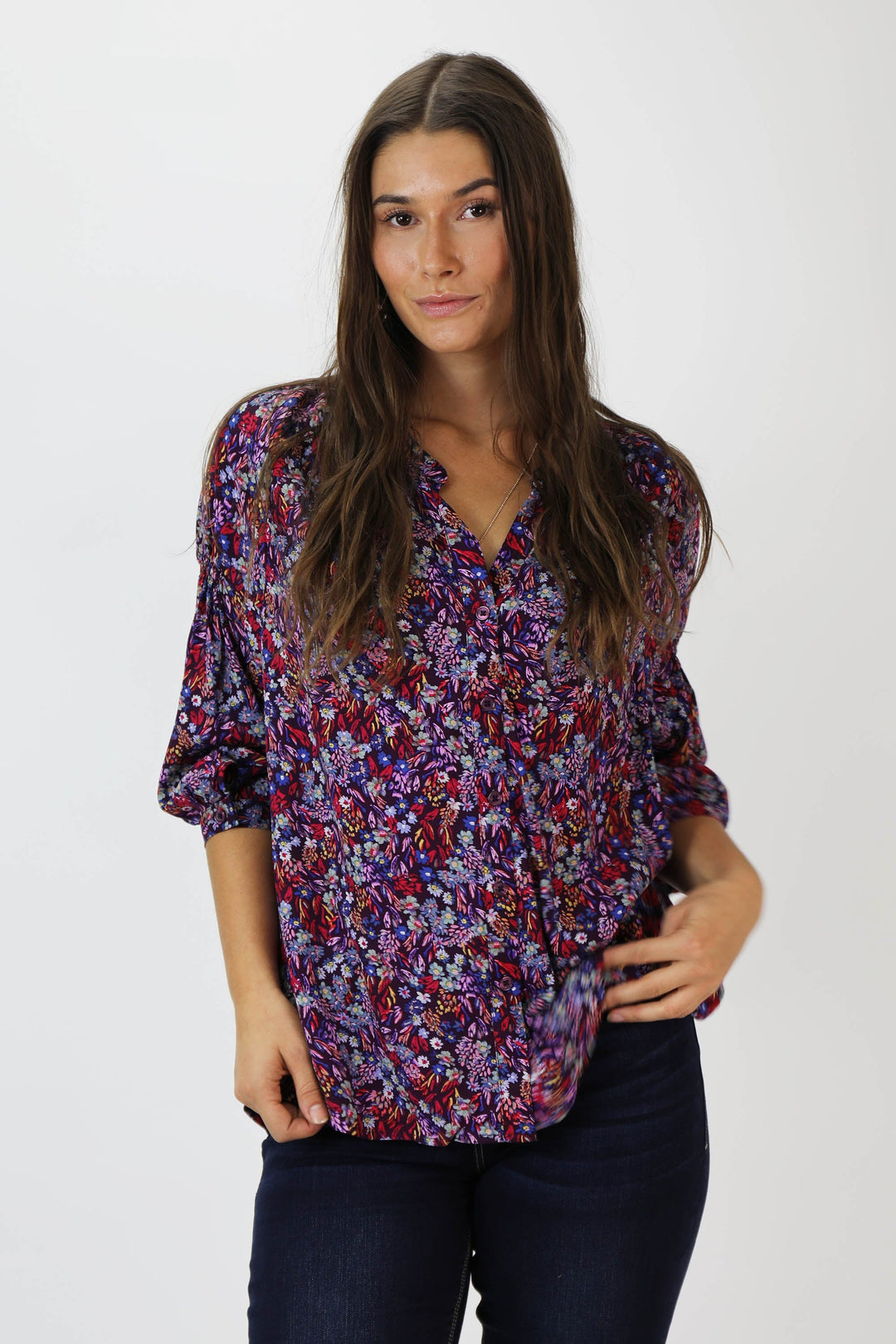 image of a female model wearing a AUDREY BALLOON SLEEVE TOP ENCHANTED GARDEN SHIRTS