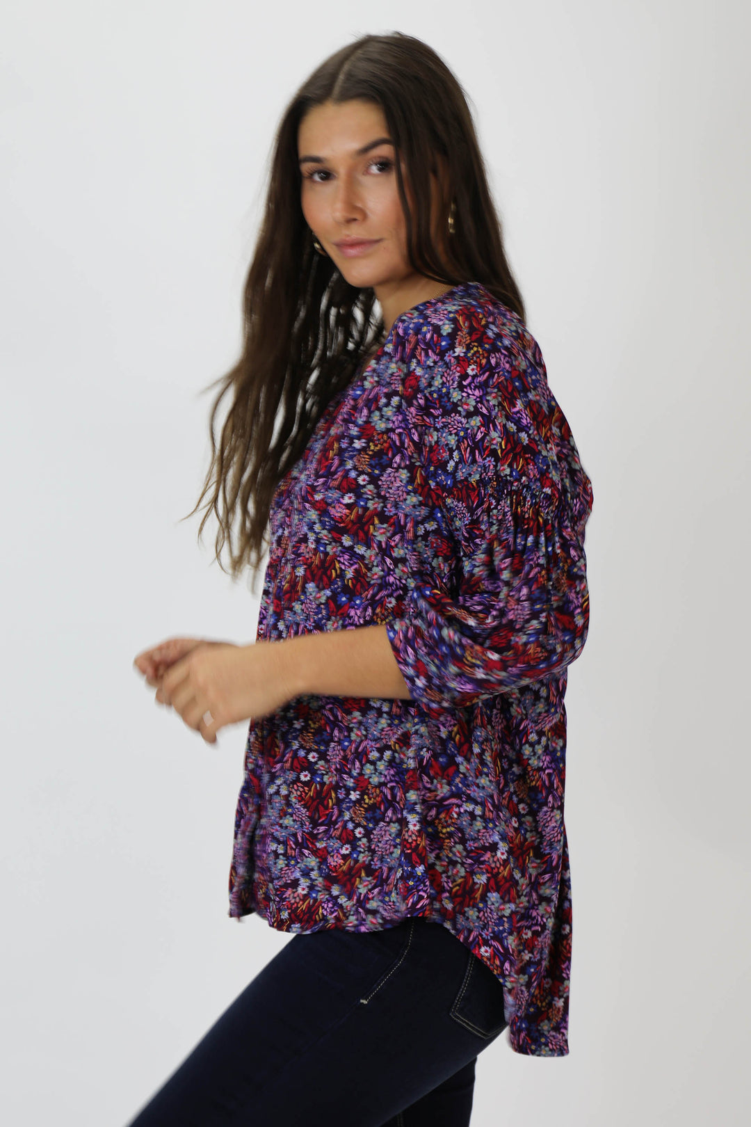 image of a female model wearing a AUDREY BALLOON SLEEVE TOP ENCHANTED GARDEN SHIRTS