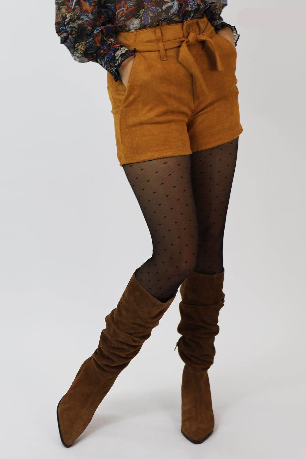 image of a female model wearing a SOPHIA SUPER HIGH RISE SHORTS BISCUIT | DEAR JOHN DENIM SHORTS