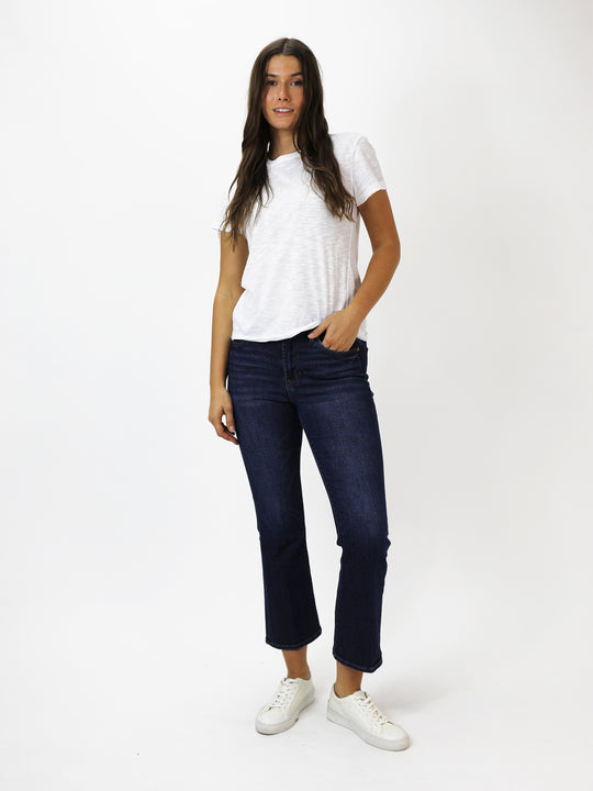 image of a female model wearing a JEANNE SUPER HIGH RISE CROPPED FLARE JEANS RICHMOND JEANS