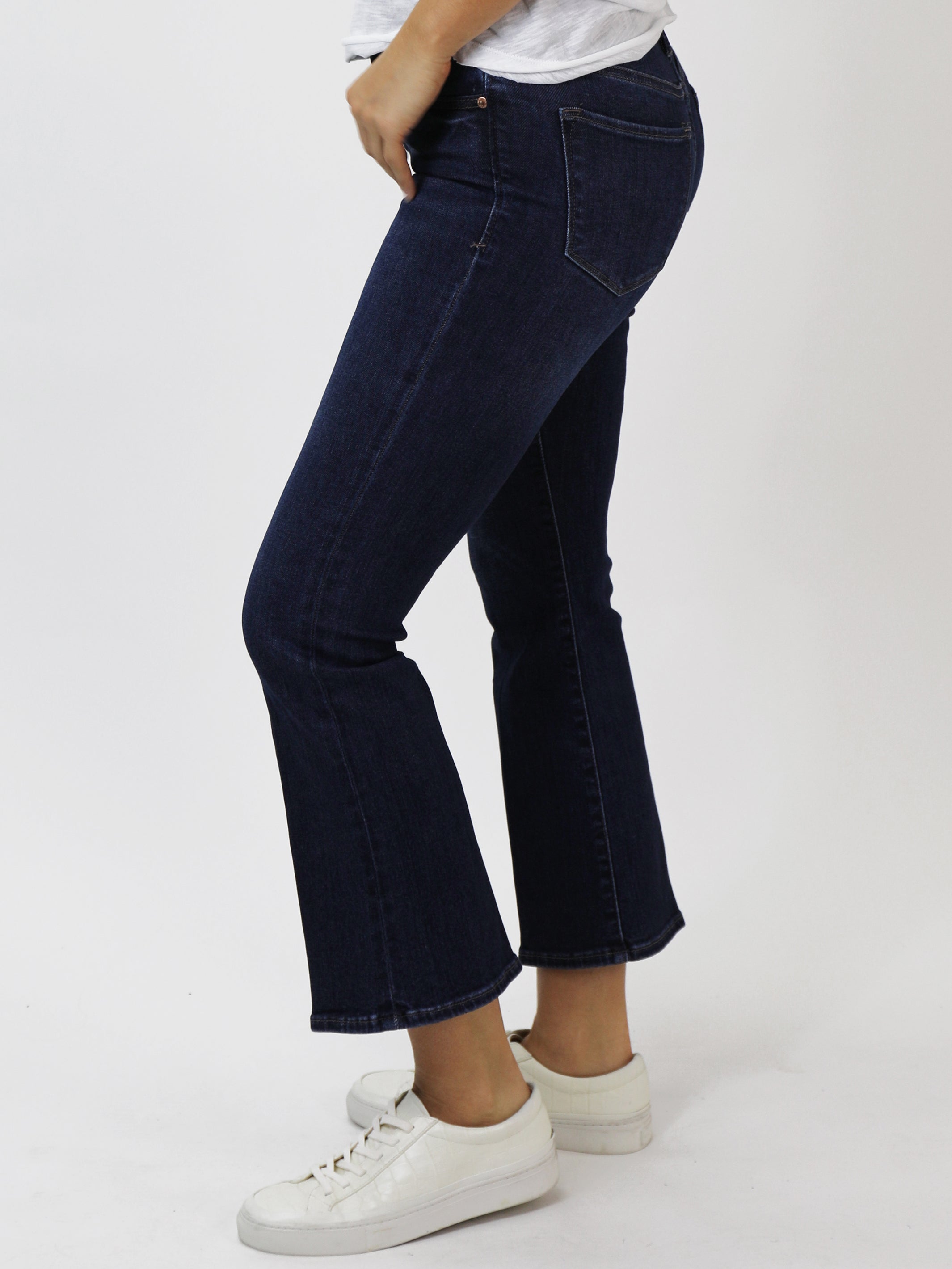 image of a female model wearing a JEANNE SUPER HIGH RISE CROPPED FLARE JEANS RICHMOND DEAR JOHN DENIM 