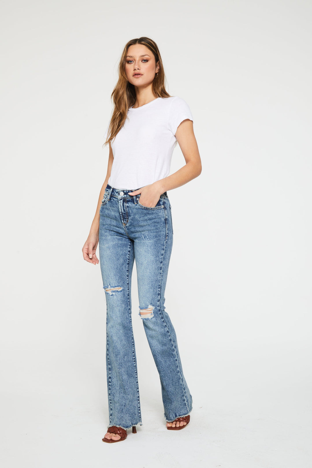 image of a female model wearing a JAXTYN HIGH RISE BOOTCUT JEANS NORWOOD JEANS