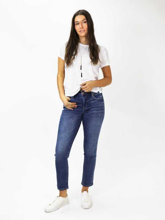 image of a female model wearing a BLAIRE HIGH RISE ANKLE SLIM STRAIGHT JEANS SOUTH BAY DEAR JOHN DENIM 