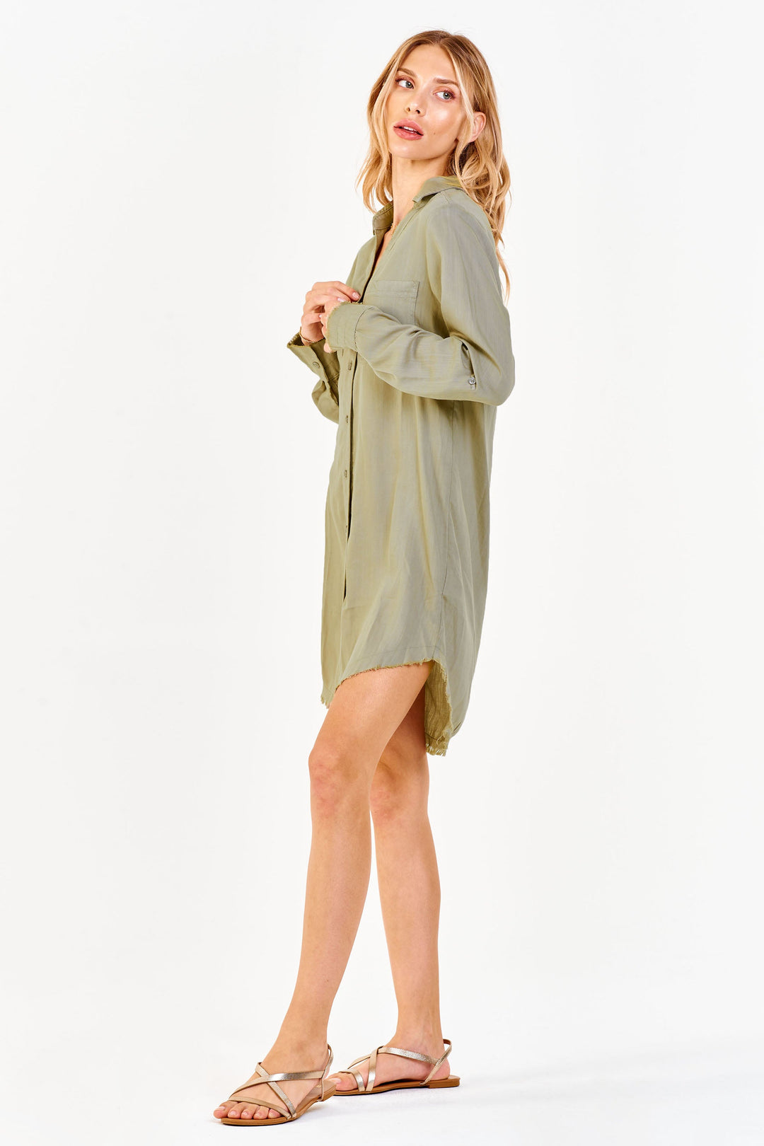 image of a female model wearing a AVERY BUTTON FRONT DRESS DESERT SAGE DEAR JOHN DENIM 