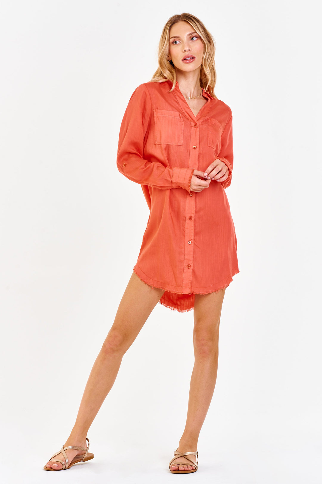 image of a female model wearing a AVERY BUTTON FRONT SHIRT DRESS PAPRIKA DRESSES