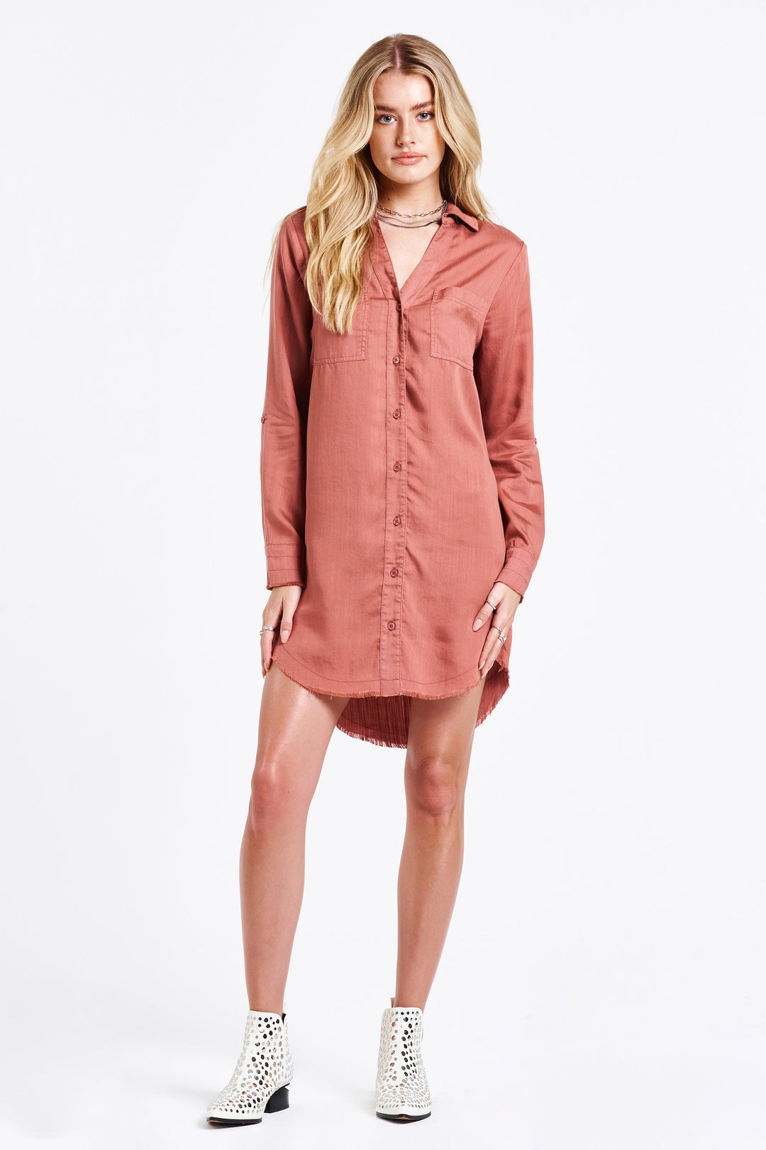 image of a female model wearing a AVERY BUTTON FRONT SHIRT DRESS WISTFUL MAUVE DRESSES