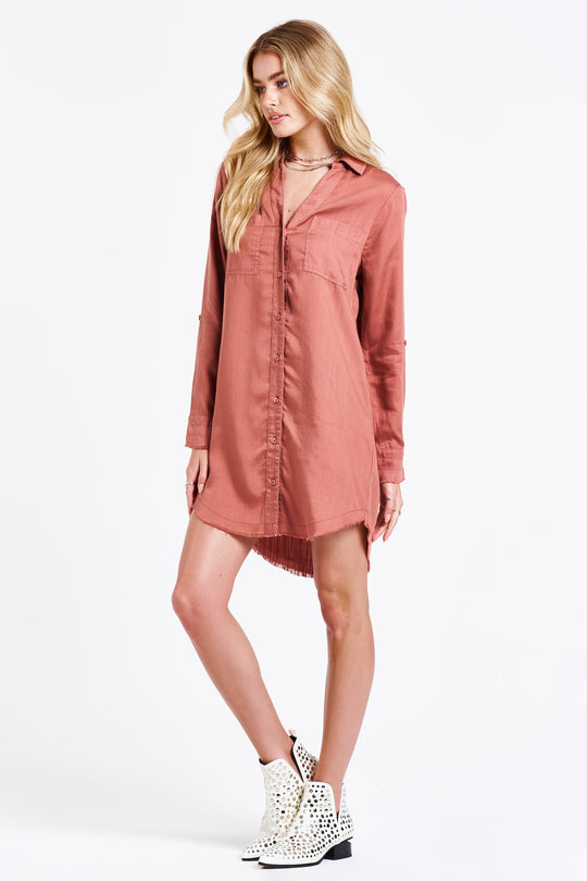 image of a female model wearing a AVERY BUTTON FRONT SHIRT DRESS WISTFUL MAUVE DRESSES