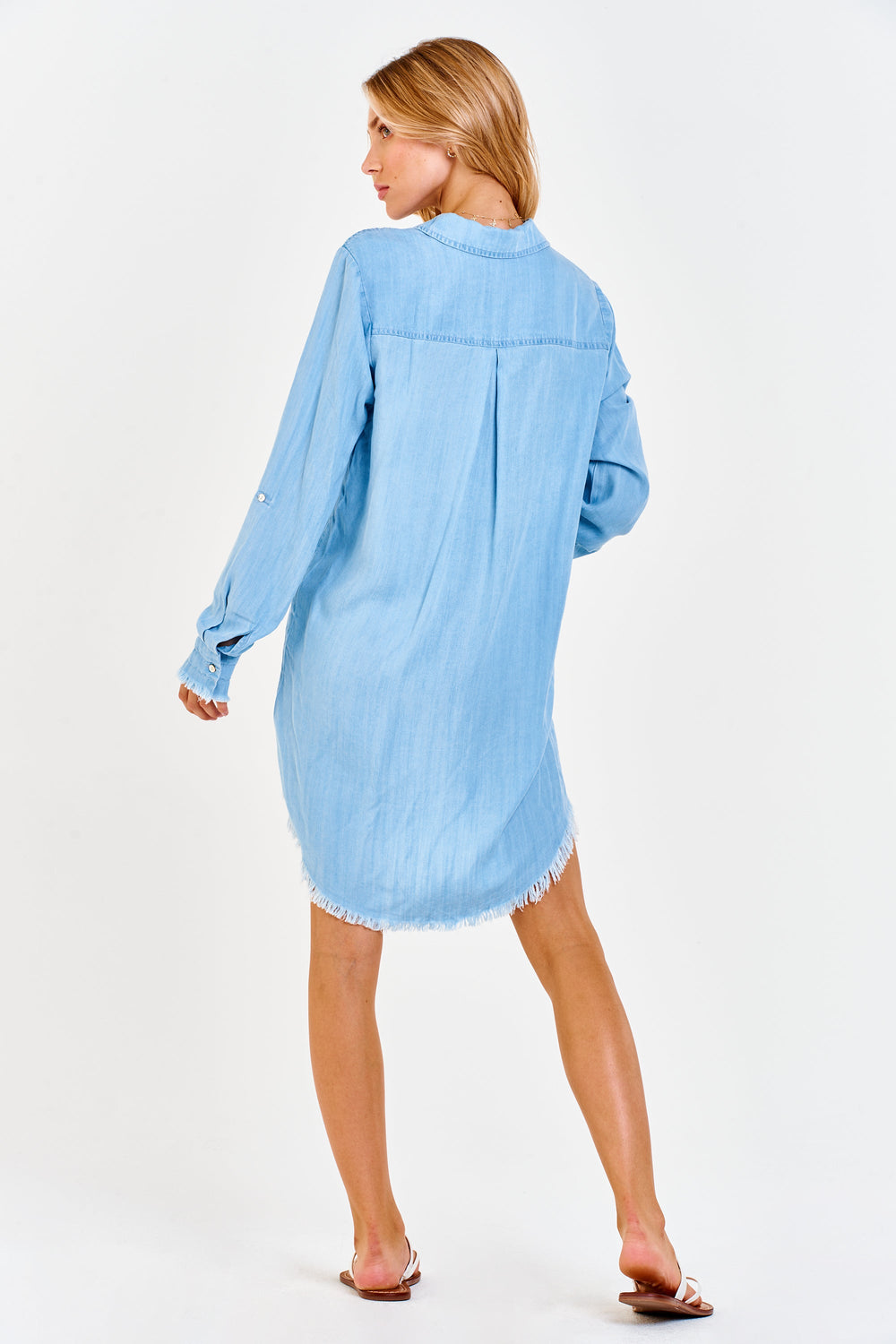 image of a female model wearing a AVERY BUTTON FRONT DRESS CAROLINA BLUE DEAR JOHN DENIM 