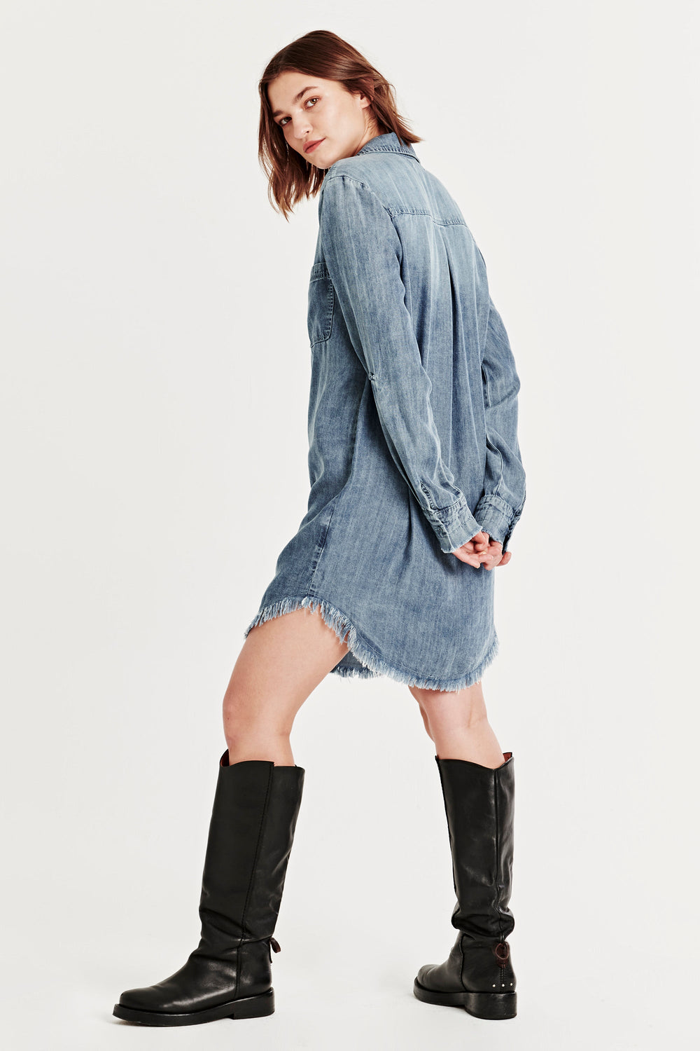 image of a female model wearing a AVERY BUTTON FRONT SHIRT DRESS BLUE HORIZON DRESSES