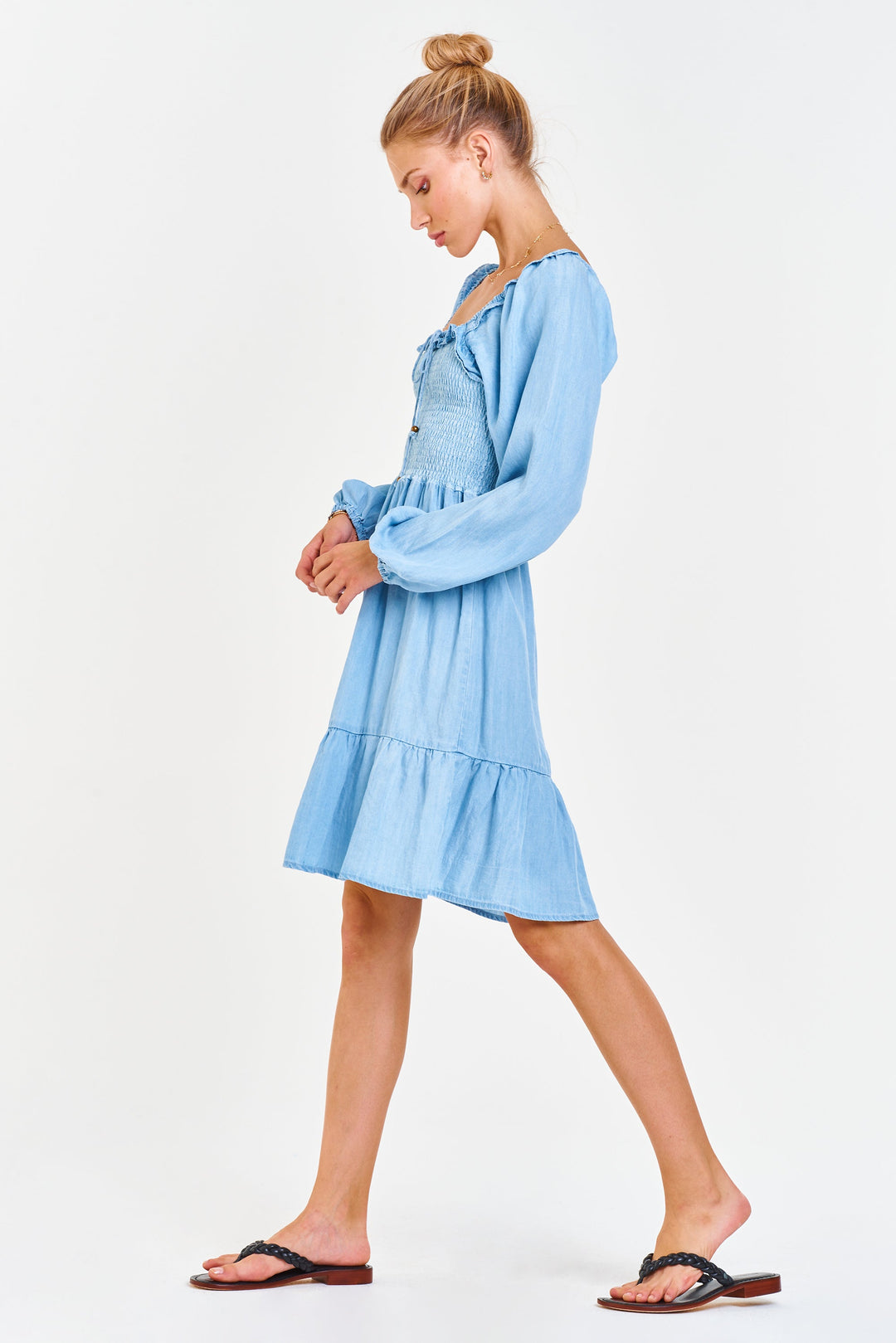 image of a female model wearing a ZENYA SMOCKED BODICE DRESS CAROLINA BLUE DEAR JOHN DENIM 