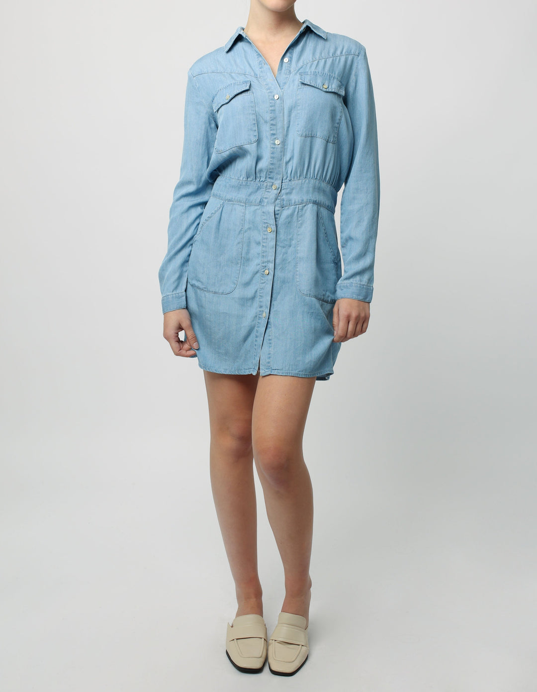image of a female model wearing a CLAIRE LONG SLEEVE DRESS AIRY BLUE DRESSES