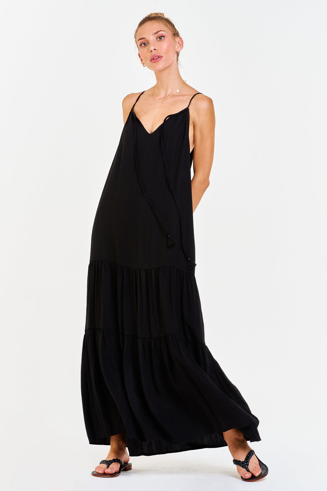 image of a female model wearing a RYO STRAP HALTER DRESS REACTIVE BLACK DEAR JOHN DENIM 