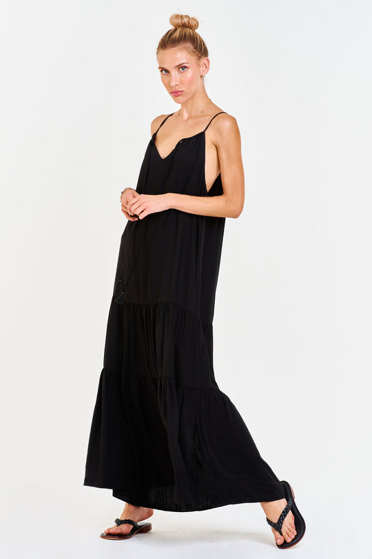image of a female model wearing a RYO STRAP HALTER DRESS REACTIVE BLACK | DEAR JOHN DENIM DRESSES
