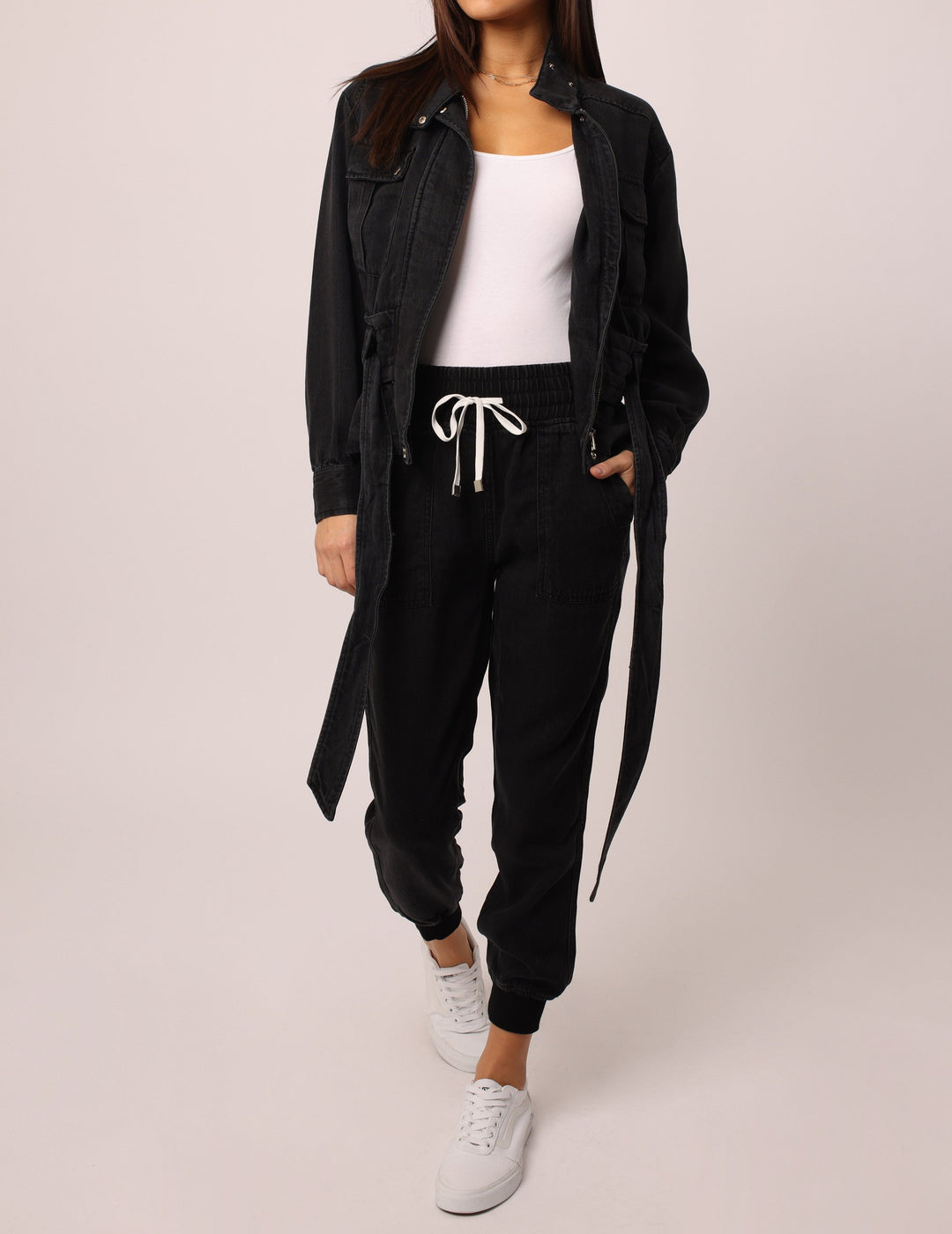 image of a female model wearing a AUSTIN DROP SHOULDER JACKET BLACK JACKETS