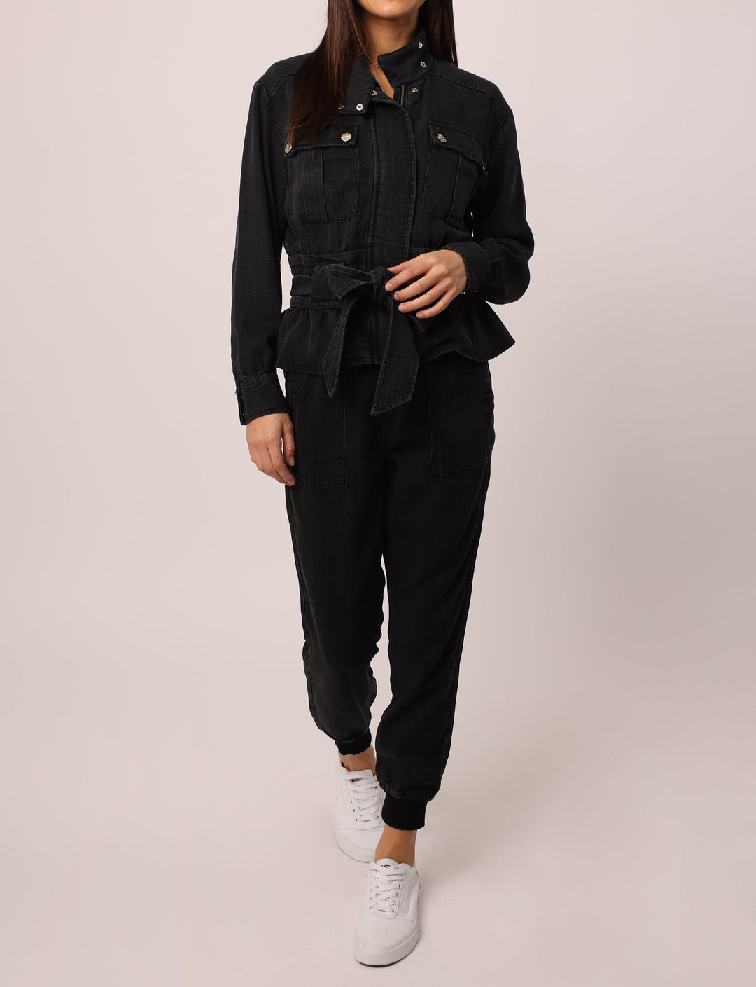 image of a female model wearing a AUSTIN DROP SHOULDER JACKET BLACK JACKETS