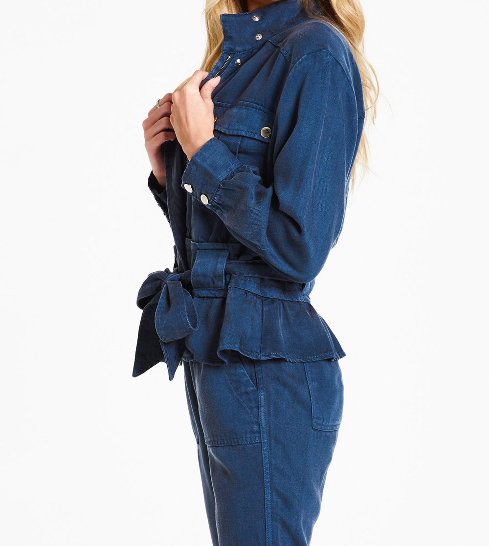 image of a female model wearing a AUSTIN DROP SHOULDER JACKET BLUE OPAL DEAR JOHN DENIM 