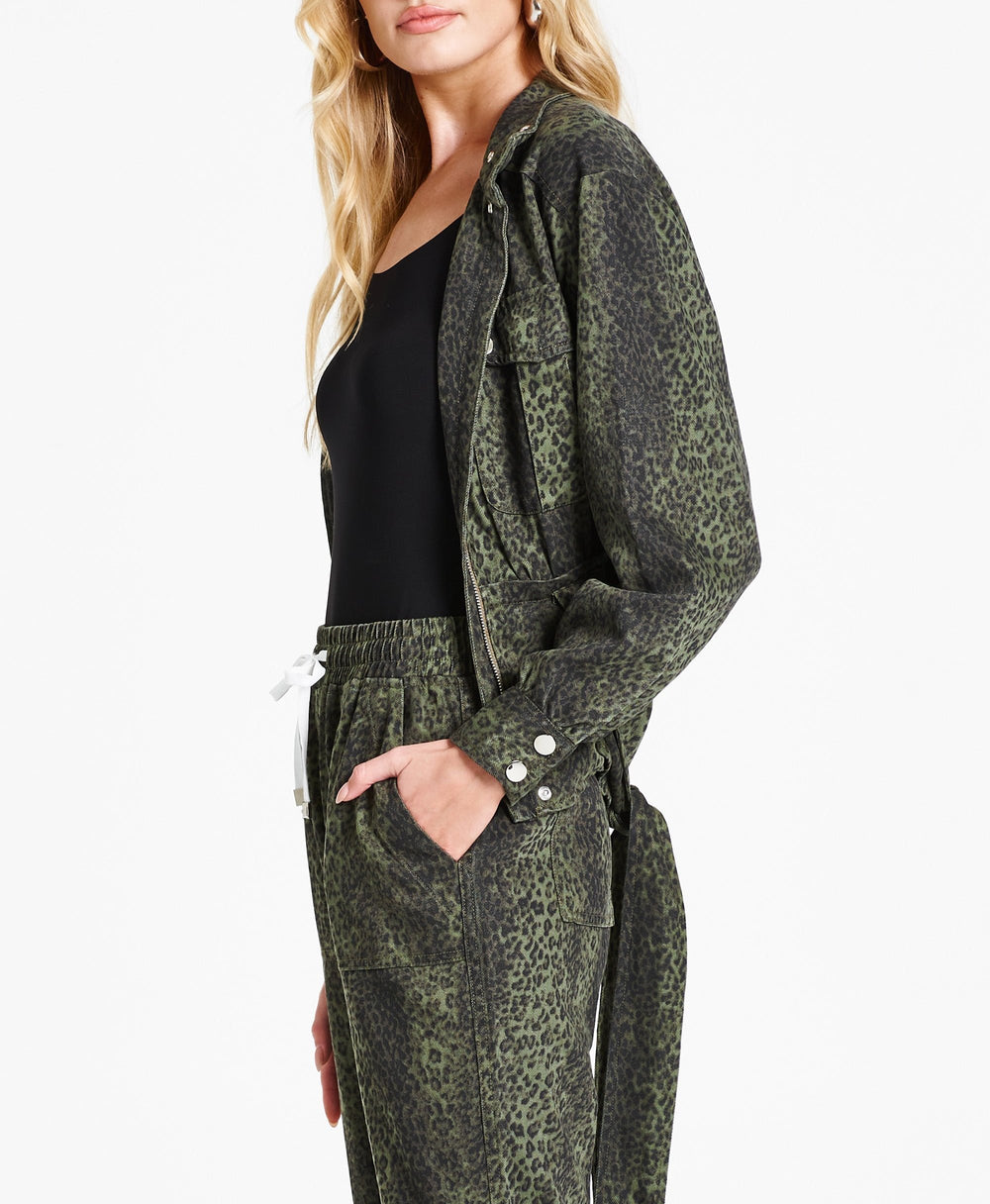 image of a female model wearing a AUSTIN DROP SHOULDER JACKET GREEN CHEETAH DEAR JOHN DENIM 