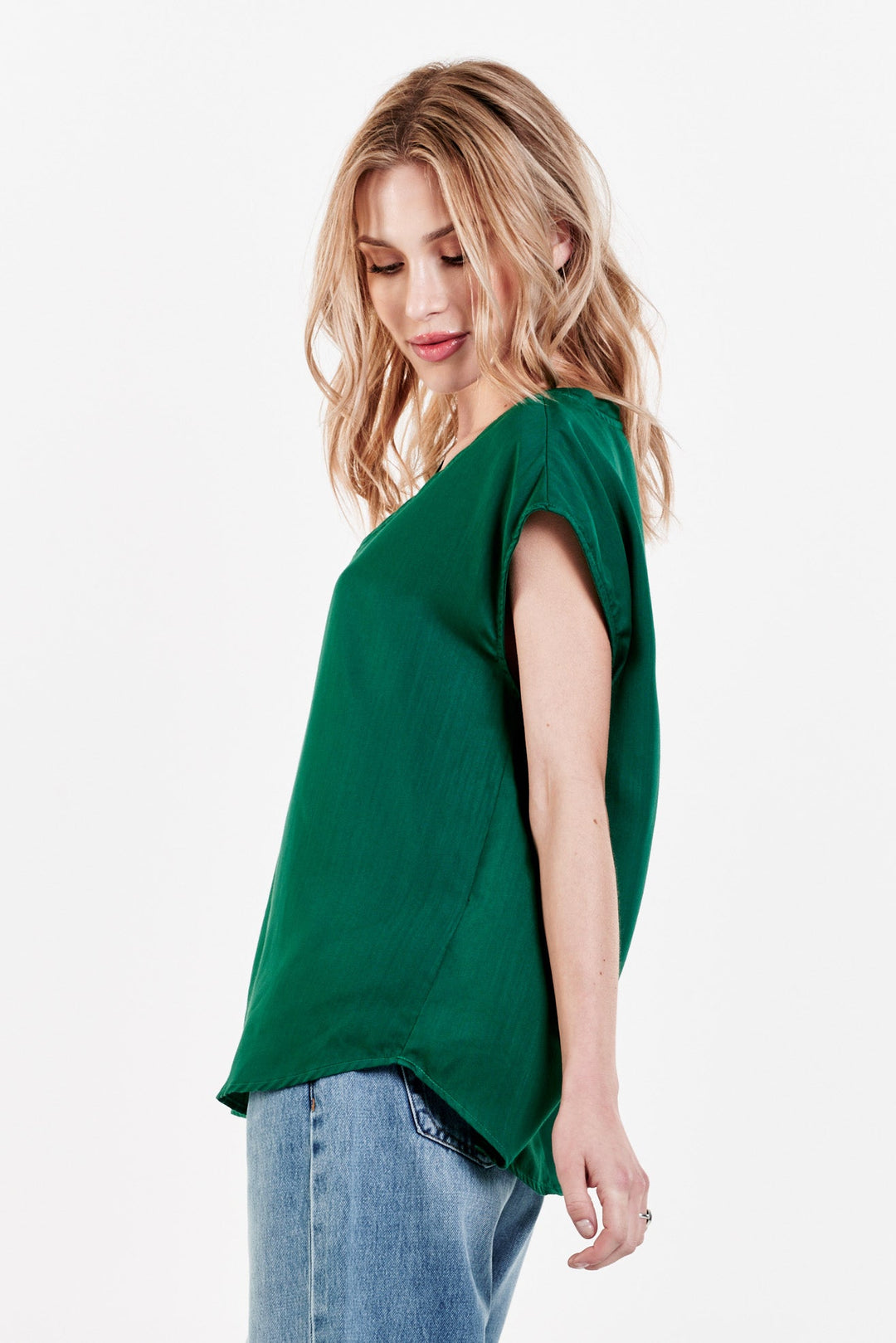 image of a female model wearing a YANIS SLEEVELESS TOP DARTMOUTH GREEN TOPS
