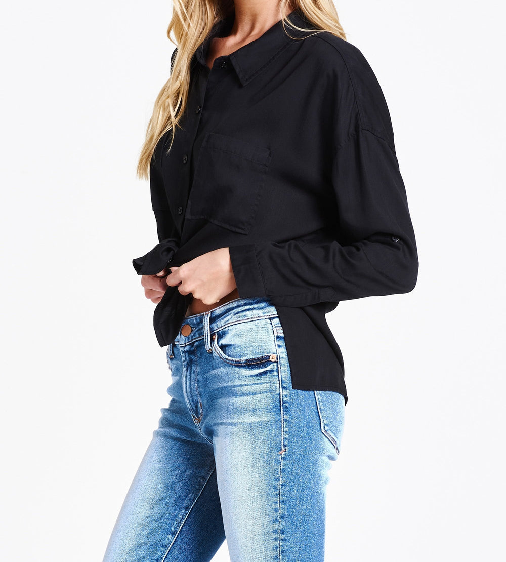 image of a female model wearing a ARIANNA FRONT TIE SHIRT BLACK DEAR JOHN DENIM 