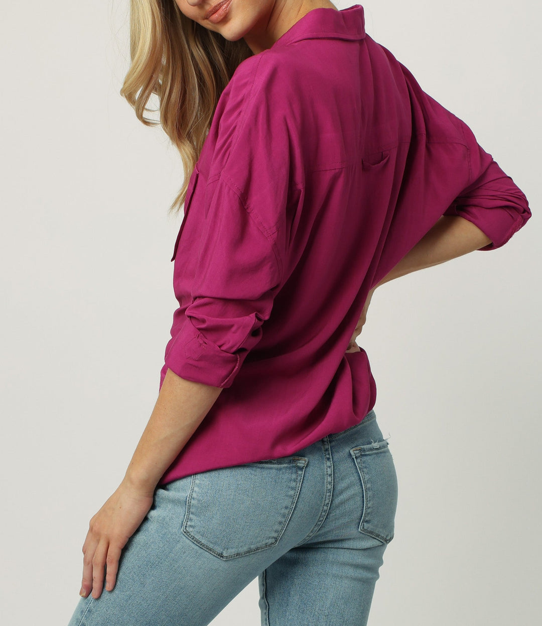 image of a female model wearing a ARIANNA FRONT TIE SHIRT MAGENTA HAZE DEAR JOHN DENIM 