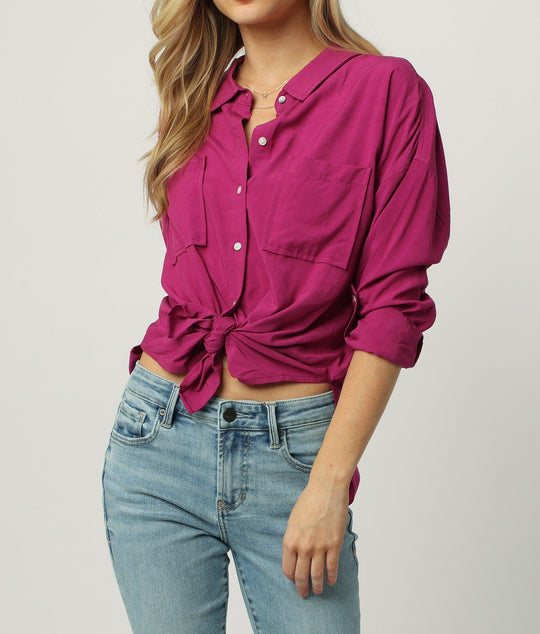 image of a female model wearing a ARIANNA FRONT TIE SHIRT MAGENTA HAZE SHIRTS