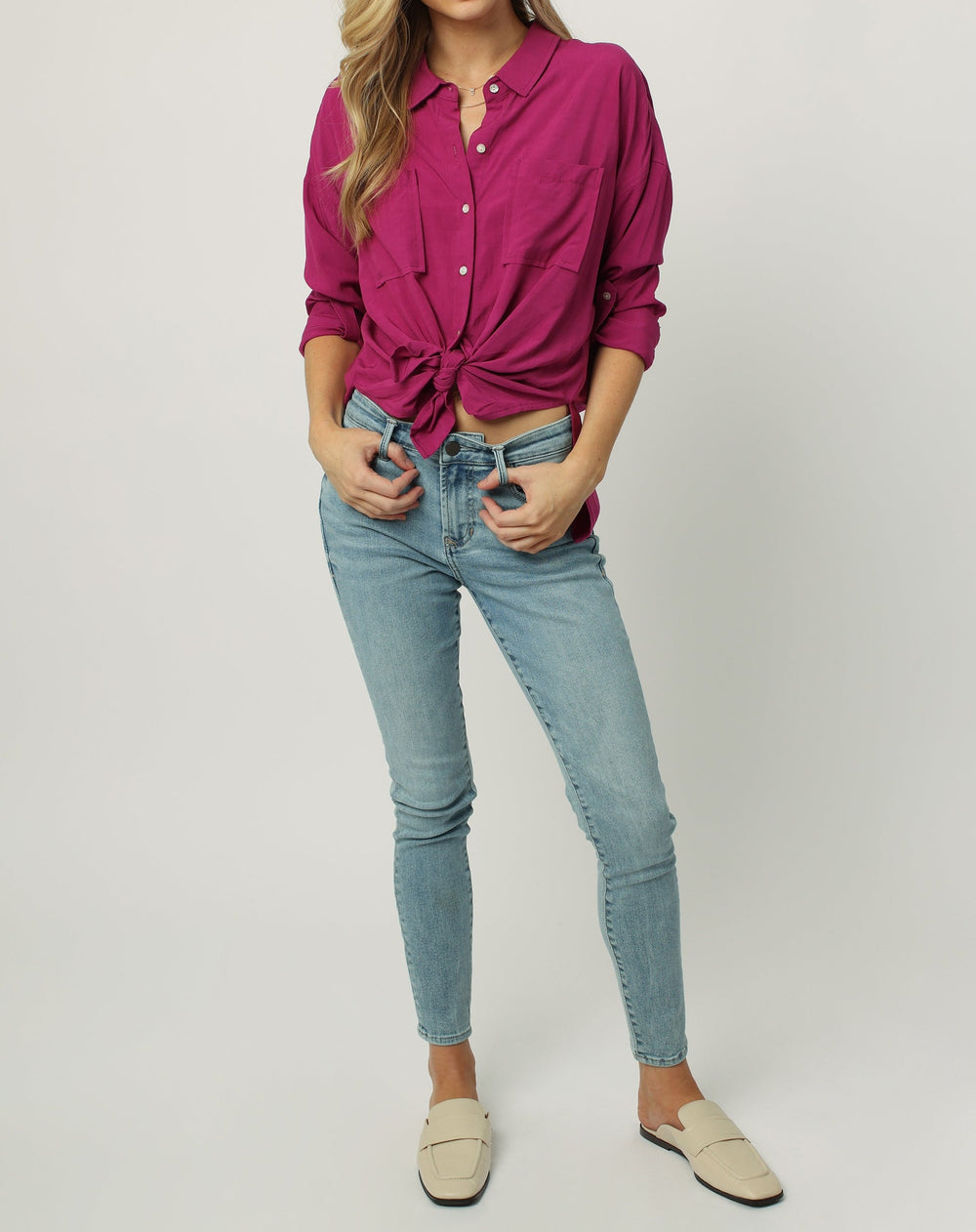 image of a female model wearing a ARIANNA FRONT TIE SHIRT MAGENTA HAZE DEAR JOHN DENIM 