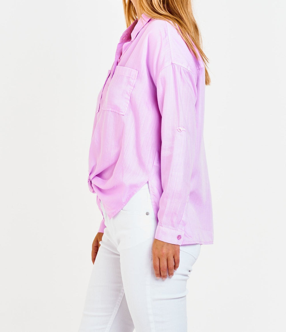 image of a female model wearing a ARIANNA FRONT TIE SHIRT PINK LAVENDER DEAR JOHN DENIM 