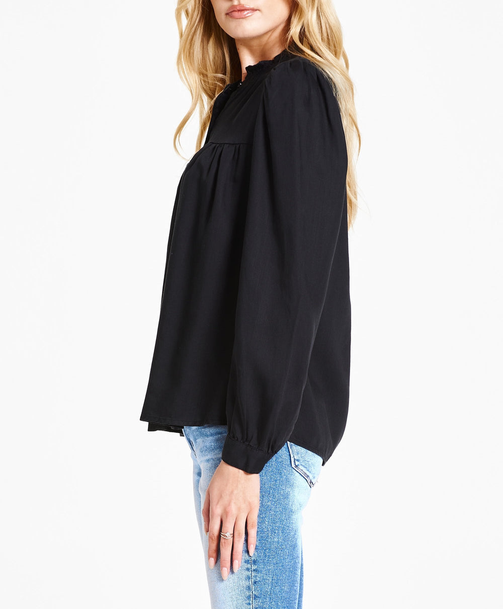 image of a female model wearing a KYLIE LONG SLEEVE SHIRT BLACK DEAR JOHN DENIM 