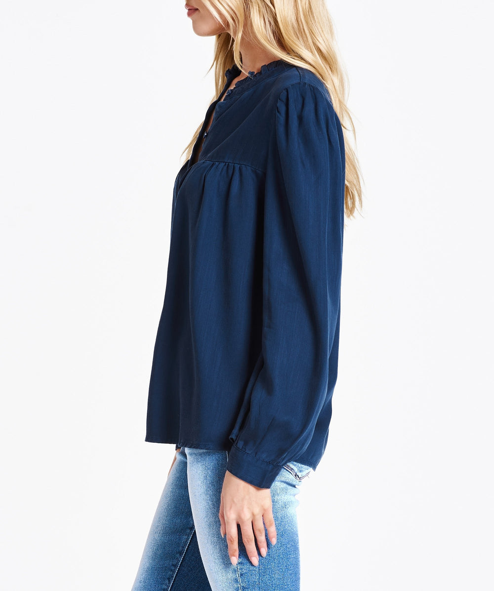 image of a female model wearing a KYLIE LONG SLEEVE SHIRT BLUE OPAL DEAR JOHN DENIM 