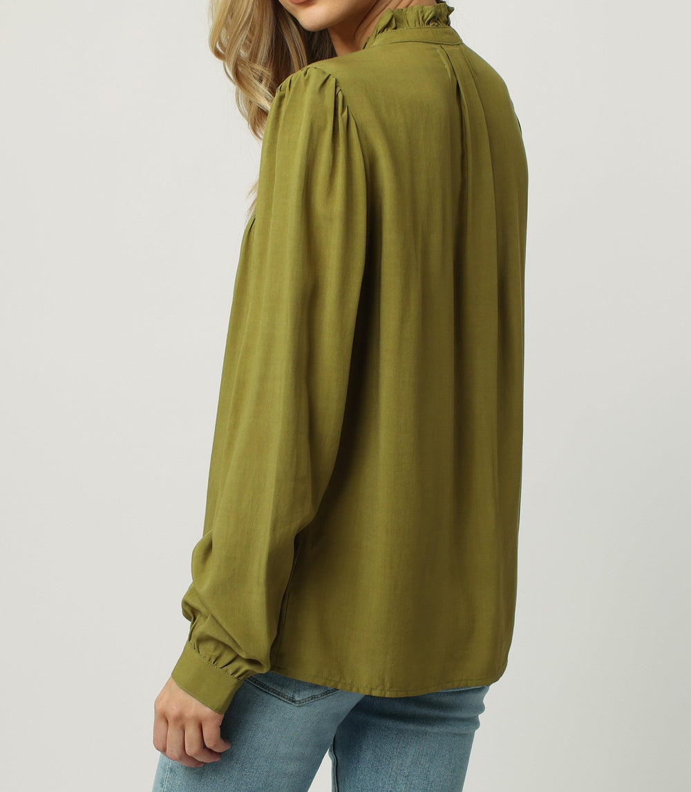 image of a female model wearing a KYLIE LONG SLEEVE SHIRT GREEN APPLE DEAR JOHN DENIM 
