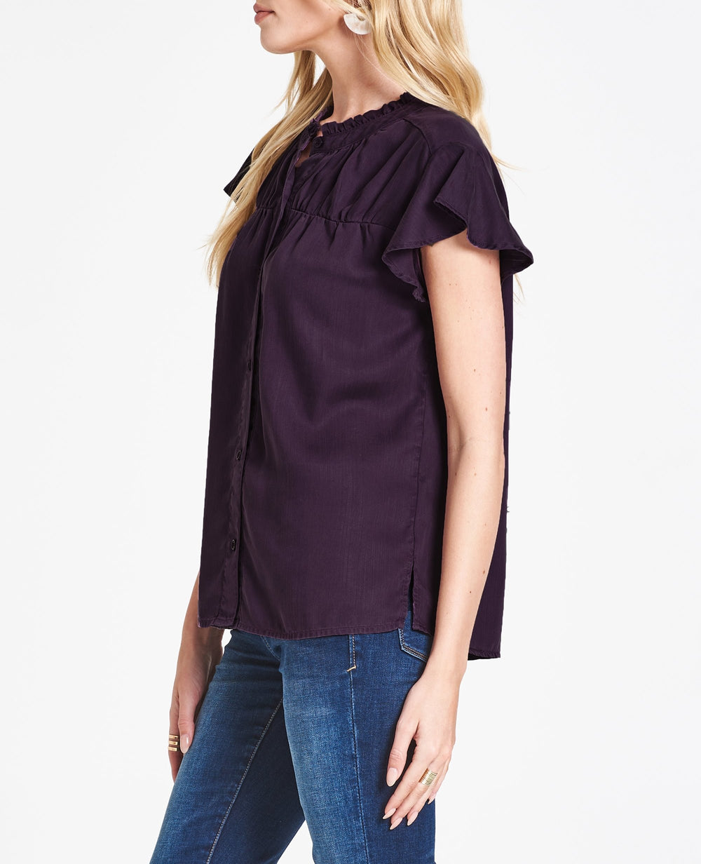 image of a female model wearing a STEPHANY SHORT SLEEVE SHIRT PURPLE OPAL DEAR JOHN DENIM 