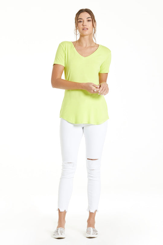 image of a female model wearing a MEGAN BACK SEAM TOP LIMEADE ANOTHER LOVE CLOTHING TOPS