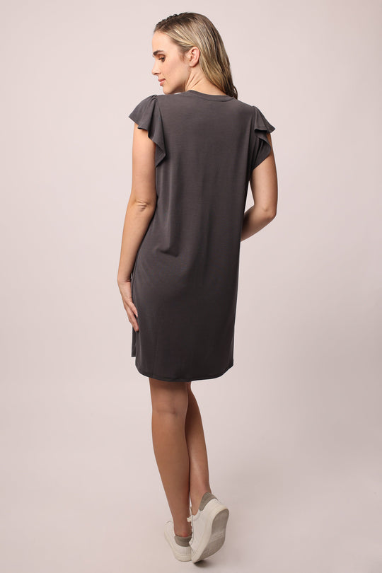 image of a female model wearing a SIGRID FLUTTER SLEEVE DRESS DARK GREY | DEAR JOHN DENIM DRESSES