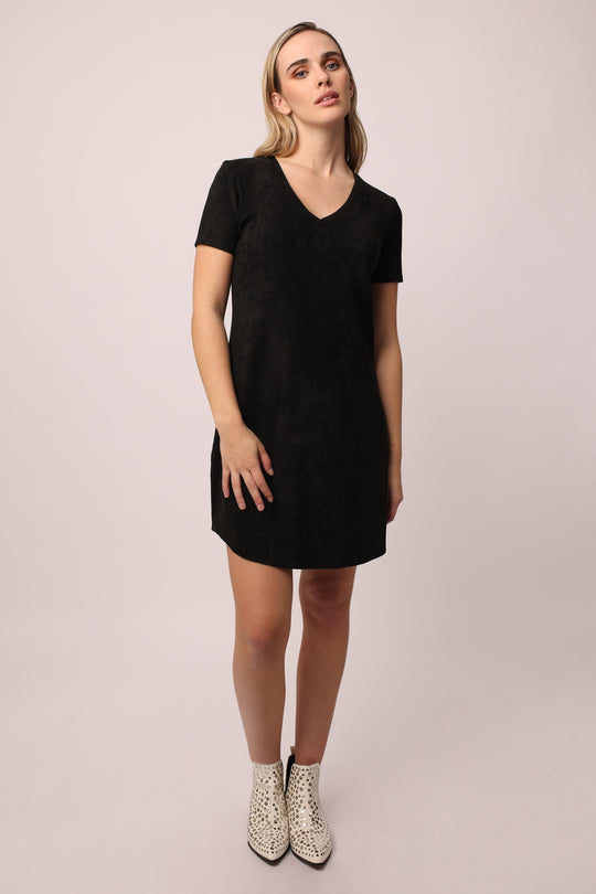 image of a female model wearing a ARIA V-NECK SIDE POCKET DRESS BLACK DRESSES